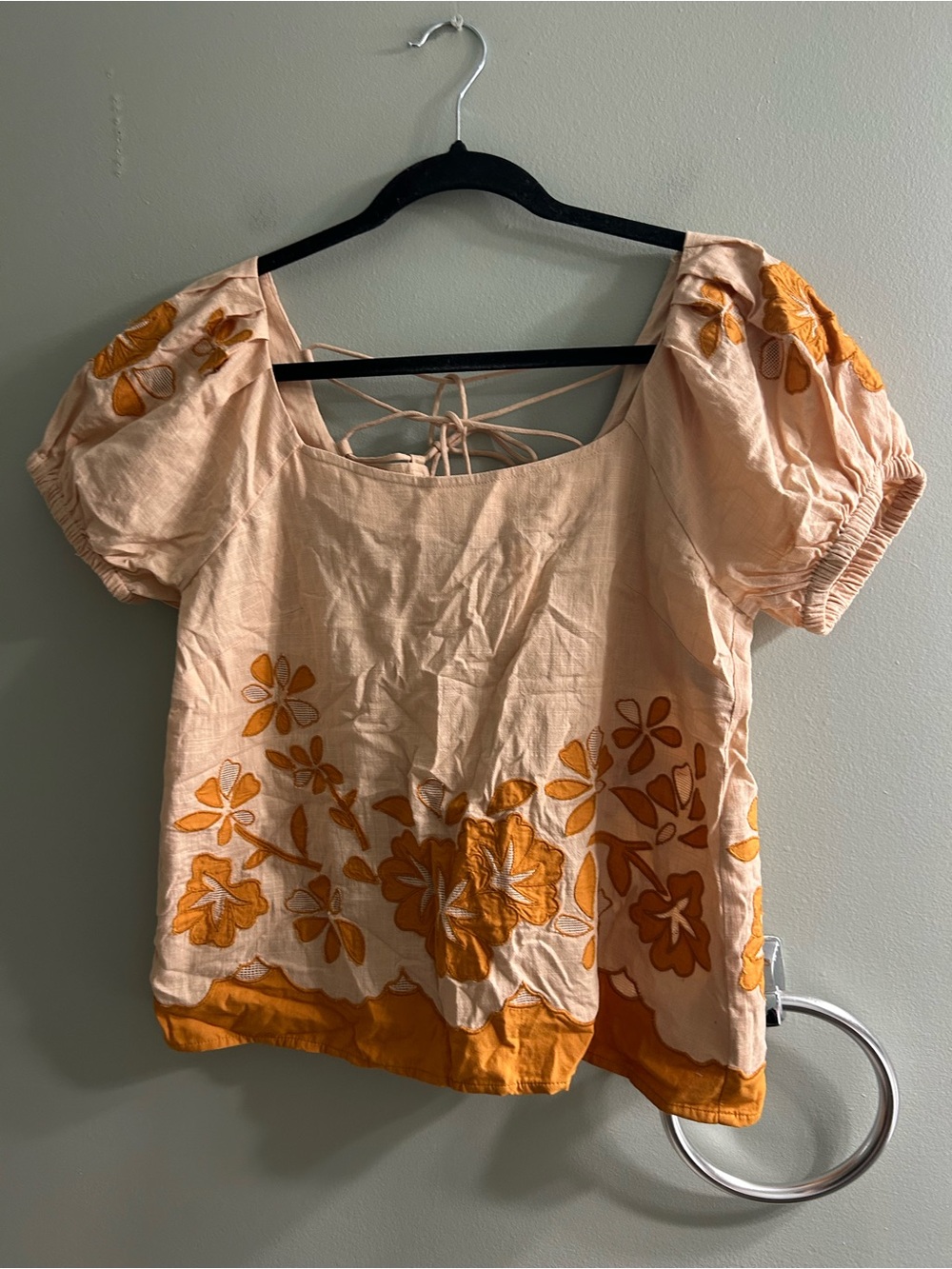 NWT Madewell Embroidered Lace Up Back Top Puff Sleeves Orange Peach Floral - Picture 5 of 7
